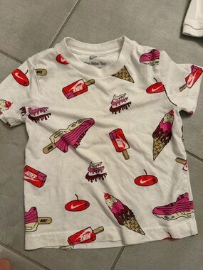 Nike Kids White Tee with Pink and Red Ice Cream & Sneaker Print Size 3T